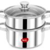 Pigeon By Stovekraft Steel X Steamer Stainless Steel Induction Base, Modak Maker/Momo Maker, Dual Compartment With Glass Lid, 4.6L Capacity, Silver