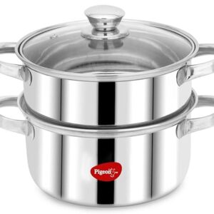 Pigeon By Stovekraft Steel X Steamer Stainless Steel Induction Base, Modak Maker/Momo Maker, Dual Compartment With Glass Lid, 4.6L Capacity, Silver